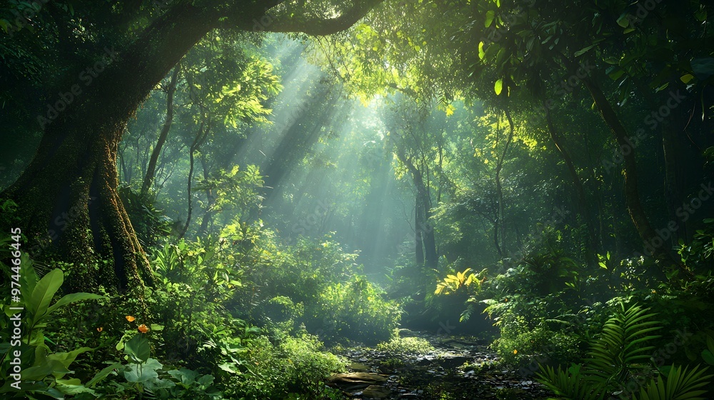Obraz premium Sunbeams Illuminating a Lush Rainforest Path