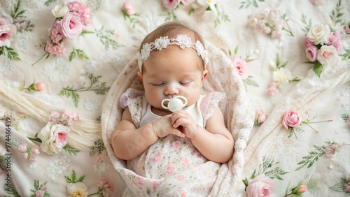 Adorable baby girl lies peacefully on soft pastel-colored blanket, clutching tiny pacifier with gentle fingers, surrounded by subtle floral patterns and delicate lace trim. photo