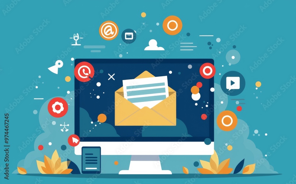Flat Vector Illustration of an Envelope Opening on a Computer Screen Surrounded by Marketing and Advertising Icons Flat Vector Illustration of an Envelope Opening on a Computer Screen Surrounded by Marketing and Advertising Icons