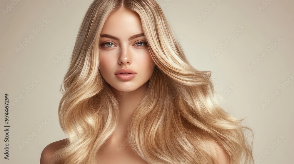 Fototapeta premium Stunning blonde woman with long, shiny wavy hair, styled to perfection. Her glowing skin and natural makeup complete the look.