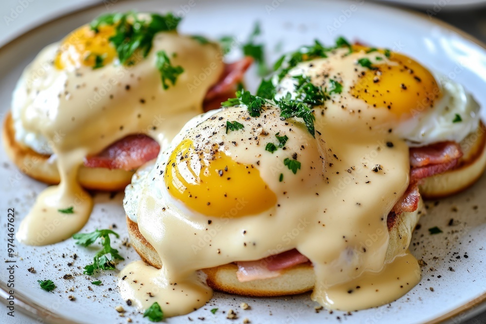 Eggs Benedict: Poached eggs on English muffins with Canadian bacon, topped with rich hollandaise sauce. A brunch favorite. Eggs Benedict: Poached eggs on English muffins with Canadian bacon, topped with rich hollandaise sauce. A brunch favorite.