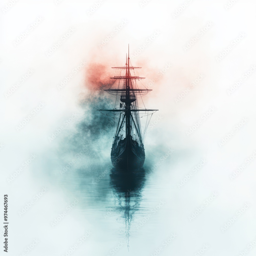 Fototapeta premium A majestic silhouette of an old sailing ship emerges from the misty fog on a calm sea, perfect for nautical themes or historical presentations,