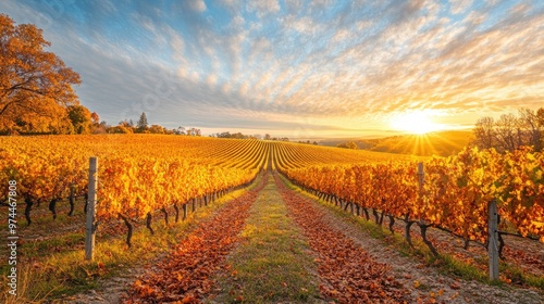 Stunning vineyard landscape in autumn, vibrant golden leaves under the warm sun, rows of grapes stretching toward the horizon.