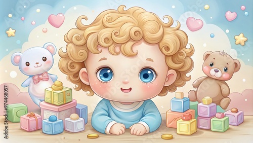 Adorable cartoon infant illustration with soft pastel colors, curly locks, and big bright eyes, surrounded by cute baby blocks, toys, and nursery items. photo