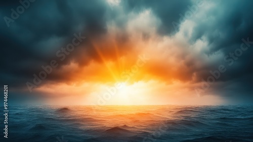 A dramatic sunset over a calm ocean under a cloudy sky, ideal for use in travel, relaxation, or nature-themed content, The image captures serenity and awe