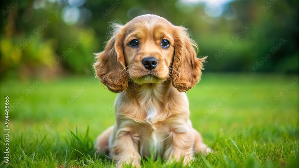 Adorable cocker spaniel puppy with floppy ears and fluffy coat sits on green grass, gazing up with big brown eyes and wagging tail. Adorable cocker spaniel puppy with floppy ears and fluffy coat sits on green grass, gazing up with big brown eyes and wagging tail.