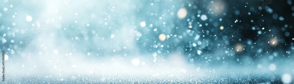 Obraz premium A mesmerizing abstract background featuring a wintry scene with sparkling bokeh and snowflakes, ideal for holiday-themed designs, festive promotions, web banners, or winter-inspired projects,