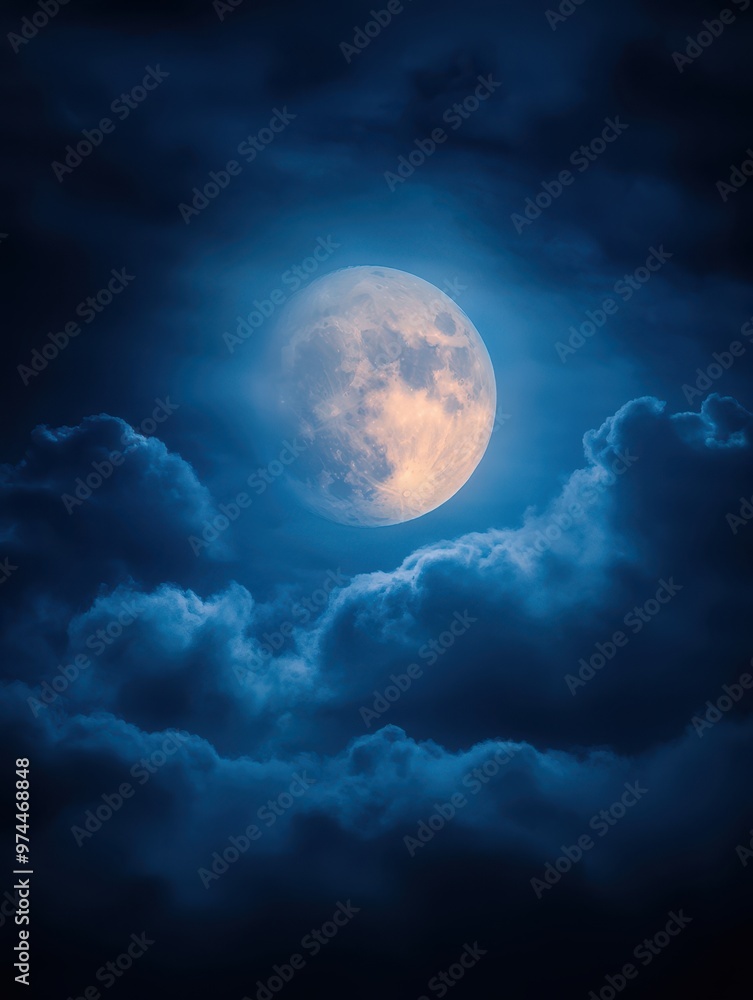 A full moon illuminates the night sky, surrounded by dark, dramatic clouds ideal for themes related to mystery, nature, astronomy, or relaxation, A full moon illuminates the night sky, surrounded by dark, dramatic clouds ideal for themes related to mystery, nature, astronomy, or relaxation,