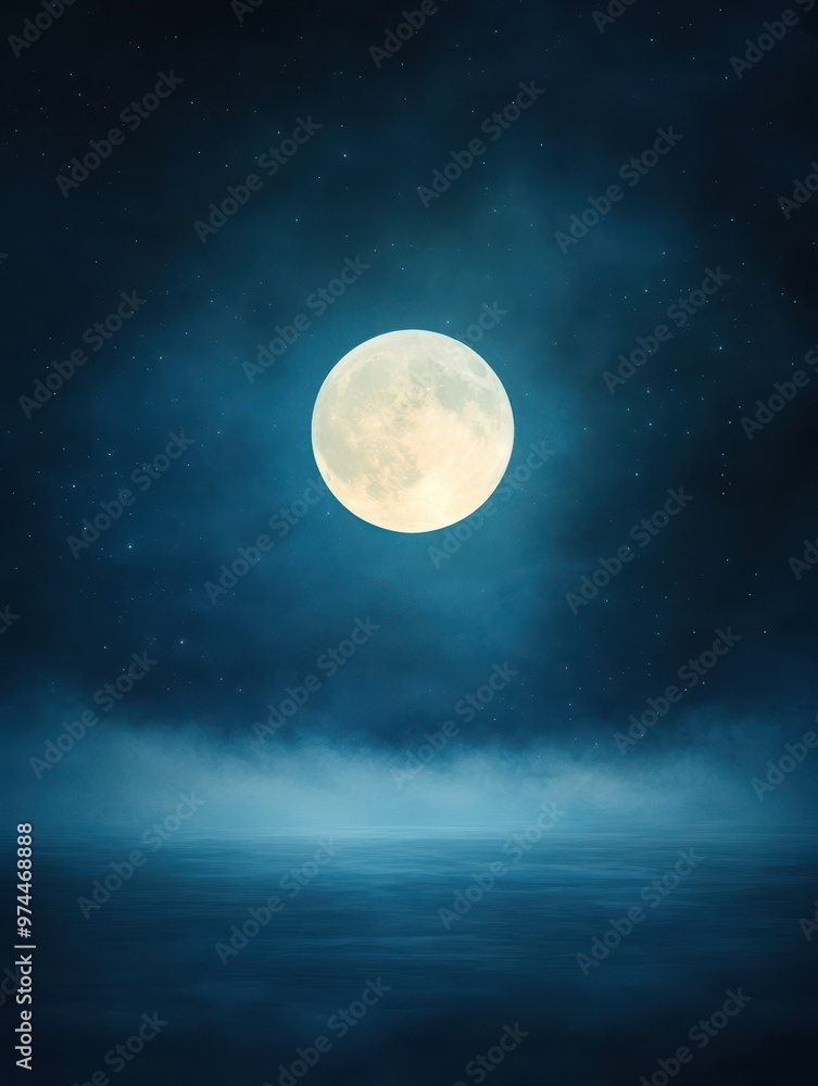 Fototapeta premium A bright full moon illuminates a serene night sky over a calm sea, creating a tranquil and dreamy ambiance, ideal for themes of tranquility, night, nature, and fantasy,