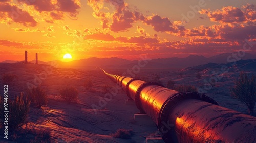 Sunset over an expansive oil pipeline cutting through a desert landscape, the sky painted with warm hues