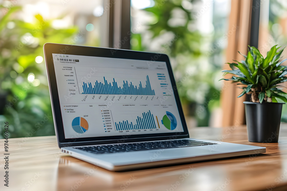 Photo laptop is displayed on a wooden table, showcasing charts and graphs related to analysis, business accounting, and statistics concepts. Photo laptop is displayed on a wooden table, showcasing charts and graphs related to analysis, business accounting, and statistics concepts.