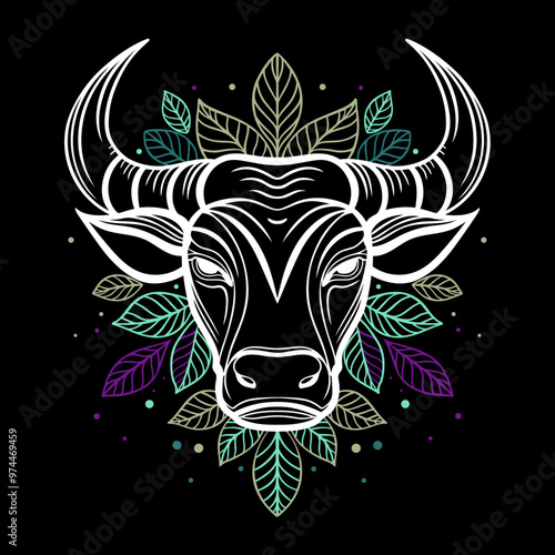 Minimalistischer Stier mit Hörnern und Blättern