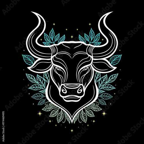 Minimalistischer Stier mit Hörnern und Blättern