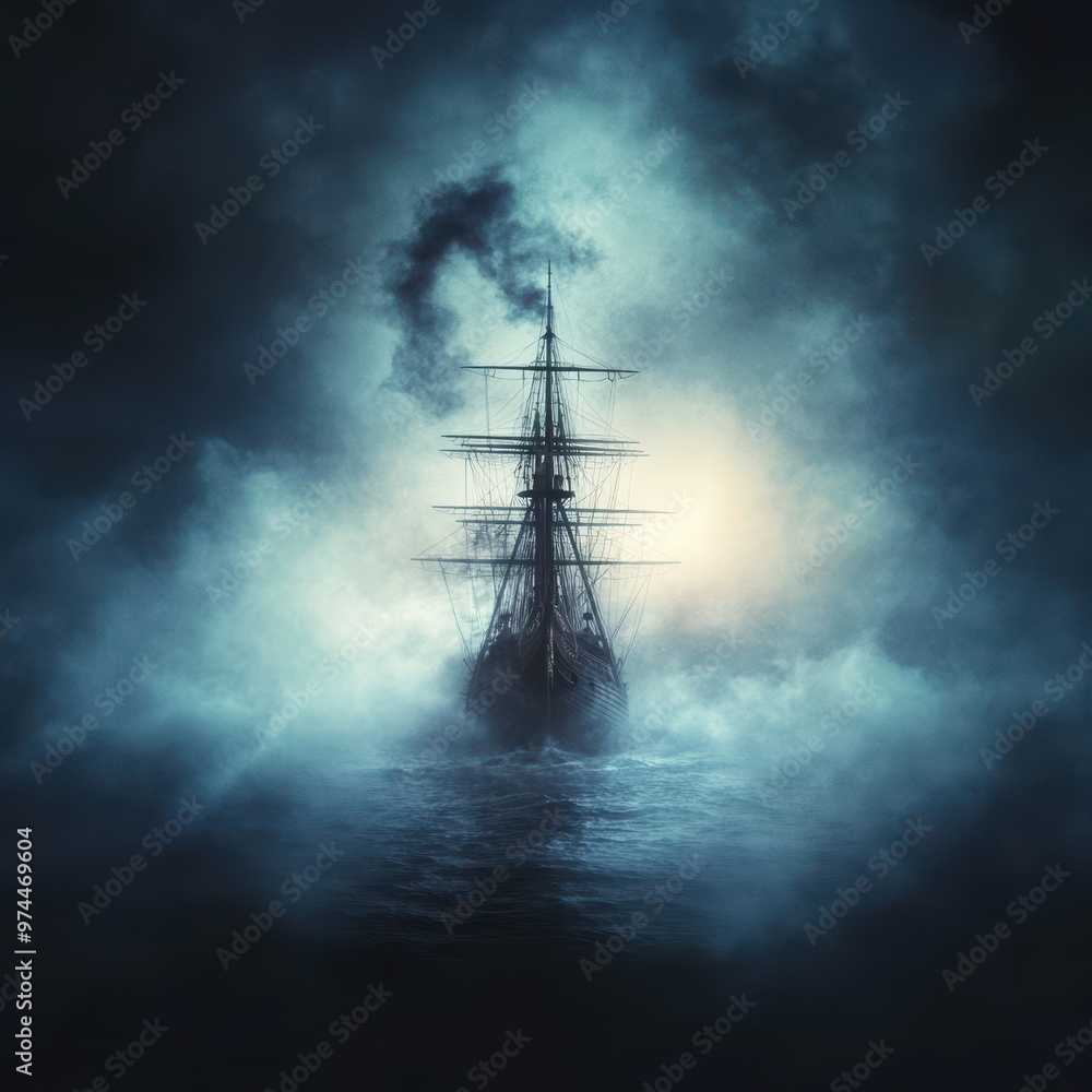 A lone ship navigates through misty, turbulent waters under a moonlit sky, creating a mysterious, captivating scene perfect for themes of adventure, exploration, or literature, A lone ship navigates through misty, turbulent waters under a moonlit sky, creating a mysterious, captivating scene perfect for themes of adventure, exploration, or literature,
