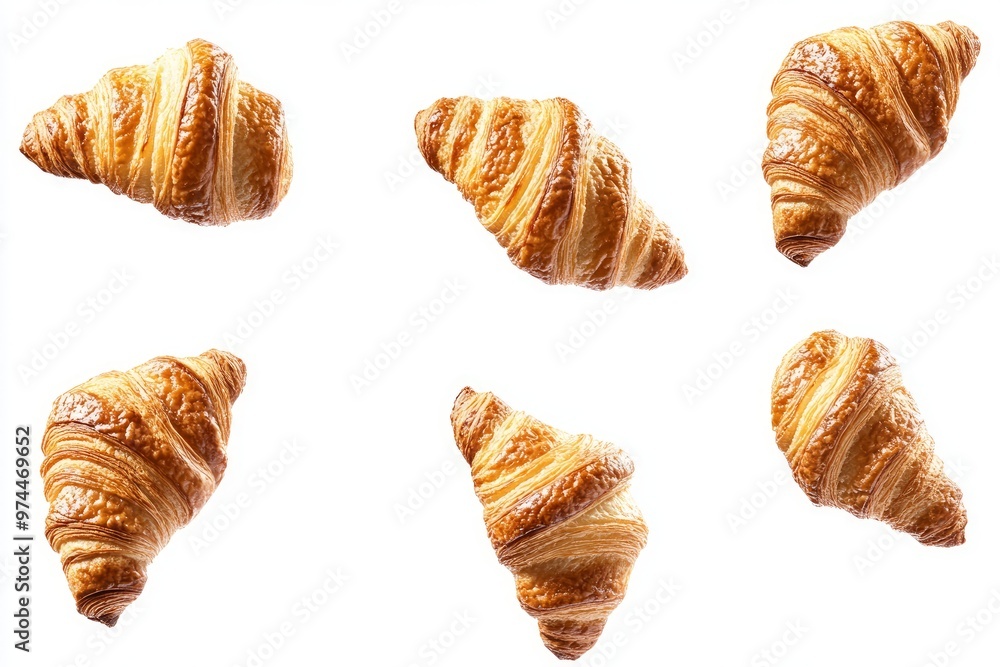 Freshly baked croissant floating in the air, isolated on a white background. French pastry croissants flying or floating. Freshly baked croissant floating in the air, isolated on a white background. French pastry croissants flying or floating.