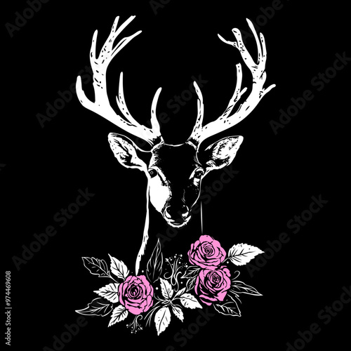 Oktoberfest Reh mit Geweih und rosa Rosen. Hirsch mit Blumen.