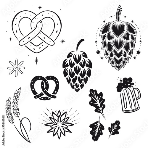 Oktoberfest Vektor Symbole. Brezel Herz, Hopfen, Edelweiß, Bier und Weizenähren. 