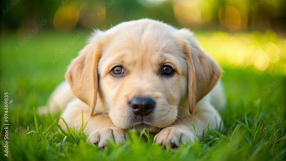 Adorable fluffy yellow Labrador puppy lying on a soft green grass, paws curled up, with big brown eyes and a sweet innocent expression. Adorable fluffy yellow Labrador puppy lying on a soft green grass, paws curled up, with big brown eyes and a sweet innocent expression.