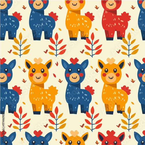 Adorable cartoon llamas in primary colors with playful leaf accents. A seamless vector pattern perfect for children's designs and fun fabrics.