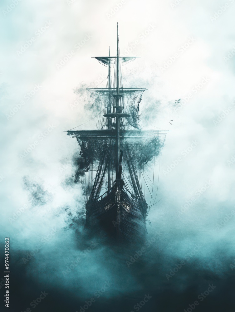 A ghostly old sailing ship partially veiled in thick misty fog, creating an eerie and mysterious atmosphere ideal for themes of adventure, mystery, or historical exploration, A ghostly old sailing ship partially veiled in thick misty fog, creating an eerie and mysterious atmosphere ideal for themes of adventure, mystery, or historical exploration,