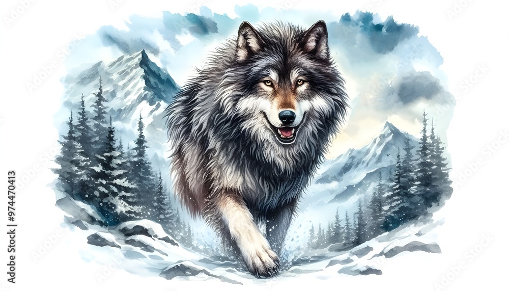 Watercolor style illustration of a wolf walking on a snowy mountain Watercolor style illustration of a wolf walking on a snowy mountain