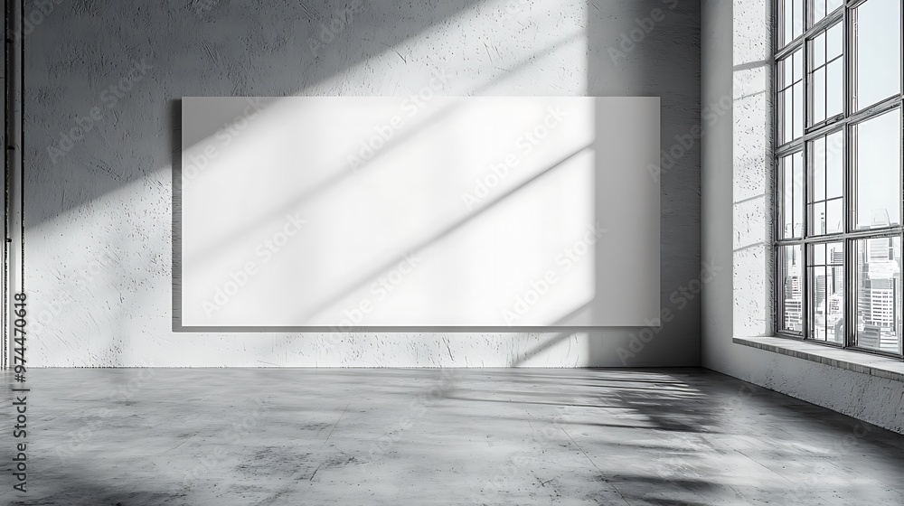 A loft bathed in natural light showcases a blank canvas on a concrete floor, offering space for creativity. A loft bathed in natural light showcases a blank canvas on a concrete floor, offering space for creativity.