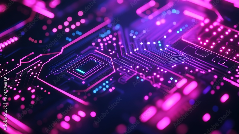 Obraz premium Circuit board with glowing neon lights