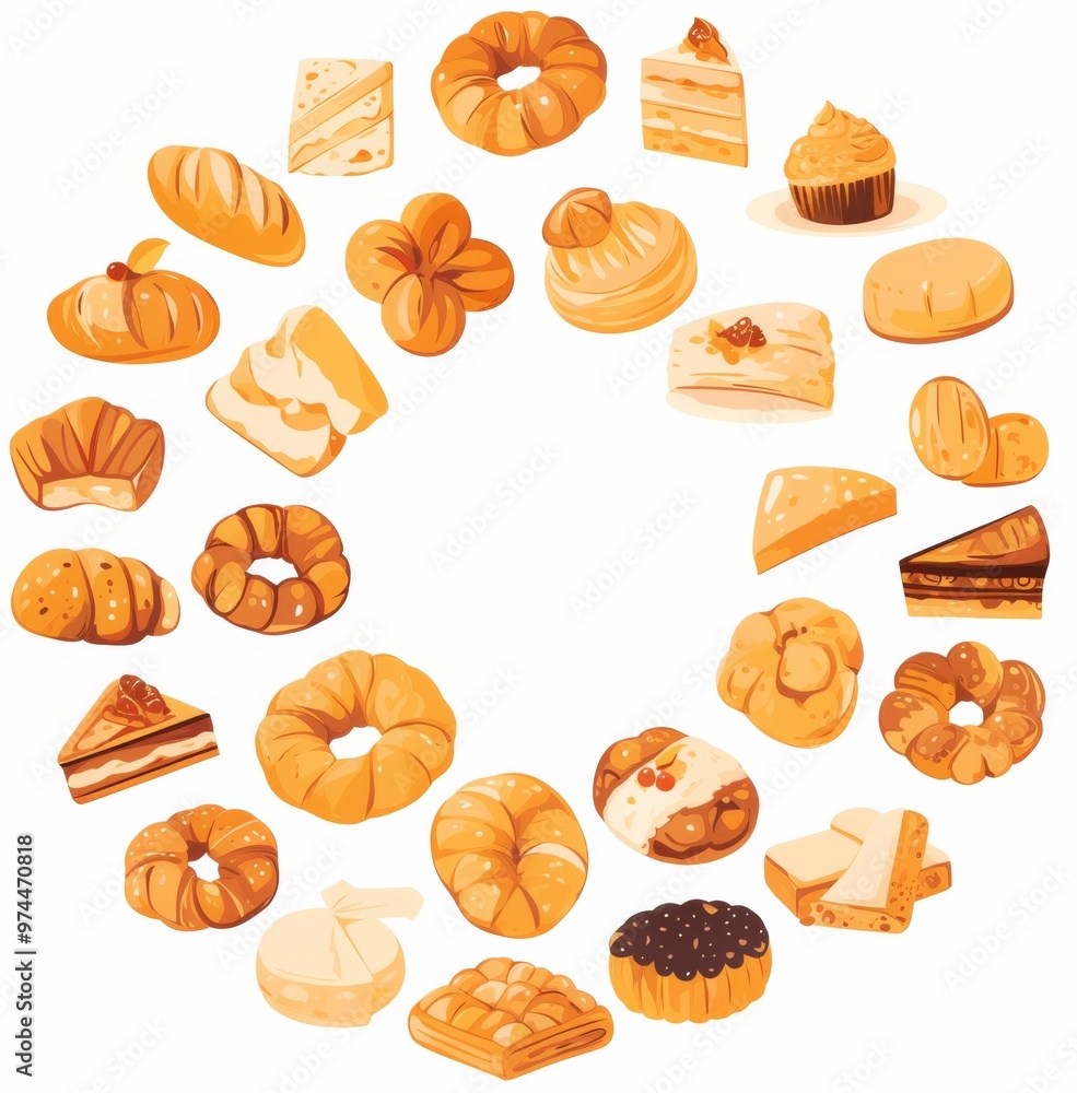 Vector Frame Made of Breads, Pastries, and Cakes in Simple Drawing Style with White Background Vector Frame Made of Breads, Pastries, and Cakes in Simple Drawing Style with White Background