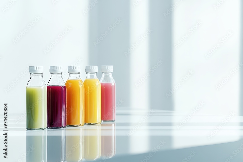 A collection of colorful juice bottles arranged on a reflective surface. A collection of colorful juice bottles arranged on a reflective surface.