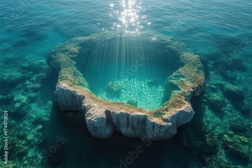 aerial view of a solitary rock formation emerging from crystalclear turquoise waters sunlight creates mesmerizing patterns on the ocean floor visible from above photo