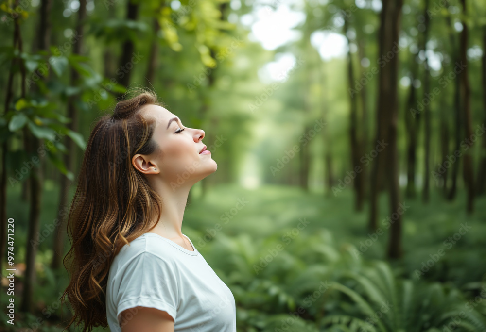Mindful Woman Breathing Fresh Forest Air Nature Therapy Mindful Woman Breathing Fresh Forest Air Nature Therapy