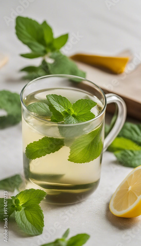 A refreshing glass of lemon mint tea on a light surface, garnished with fresh mint leaves, accompanied by lemon wedges in the background.