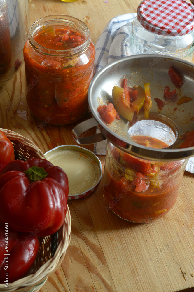 Autumn canning, preserve making, provisions making, silver funnel, home cooking, kitchen life, home made preserves, wooden table, top view, copy space, Autumn canning, preserve making, provisions making, silver funnel, home cooking, kitchen life, home made preserves, wooden table, top view, copy space,