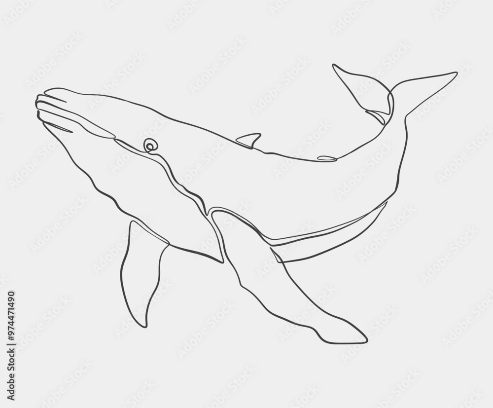 One-line drawing of a humpback whale, showcasing its elegant form in a minimalist and abstract art style. One-line drawing of a humpback whale, showcasing its elegant form in a minimalist and abstract art style.