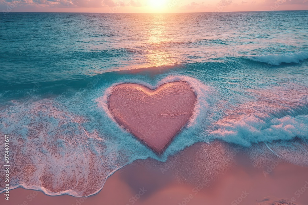 Fototapeta premium aerial view of heartshaped pink sand island in turquoise waters gentle waves creating intricate patterns along the shoreline dreamy pastel sky with wispy clouds at golden hour
