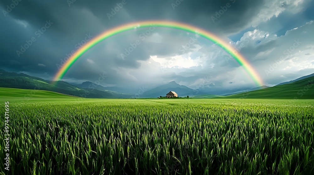 A vibrant rainbow arcs over a green field, with a lone house nestled against the backdrop of distant mountains. A vibrant rainbow arcs over a green field, with a lone house nestled against the backdrop of distant mountains.