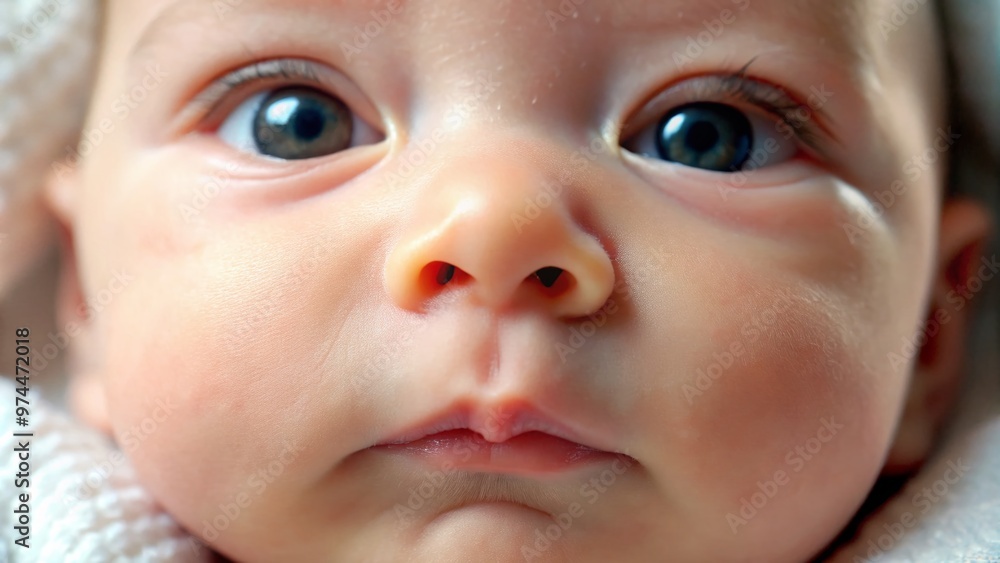 Adorable infant nostrils softly flared, tiny nose bridge crinkled, and delicate skin folds showcased in a heartwarming close-up portrait of a sweet baby's nose. Adorable infant nostrils softly flared, tiny nose bridge crinkled, and delicate skin folds showcased in a heartwarming close-up portrait of a sweet baby's nose.