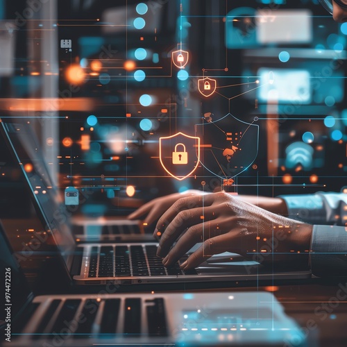 Hands typing on a laptop with futuristic digital interfaces representing cybersecurity and data protection concepts.