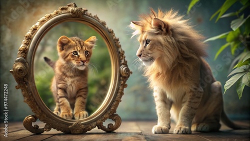 Adorable kitten curiously approaches majestic lion's reflection in a vintage oval mirror, exhibiting playful innocence alongside fierce regality in a whimsical, dreamlike setting. photo