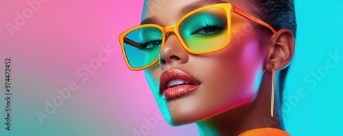 Model with a neonthemed Halloween makeup look, using products from a bright cosmetic set, Neon Halloween Glam, highlighting the vibrant and bold style photo