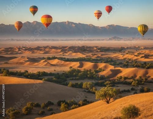 Hot air balloons over golden sand dunes desert landscape with colorful balloons floating above the horizon