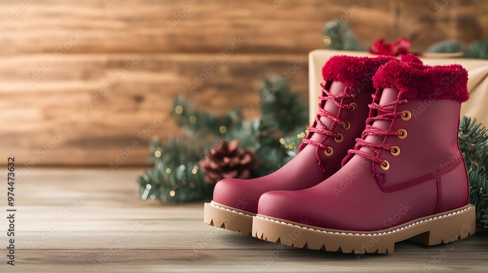 Burgundy Winter Boots with Christmas Decor on Wood Burgundy Winter Boots with Christmas Decor on Wood