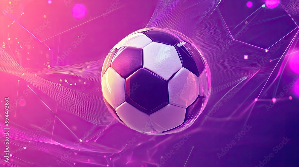 Fototapeta premium A futuristic soccer ball floating on a purple and pink gradient, with geometric shapes and dynamic energy lines.