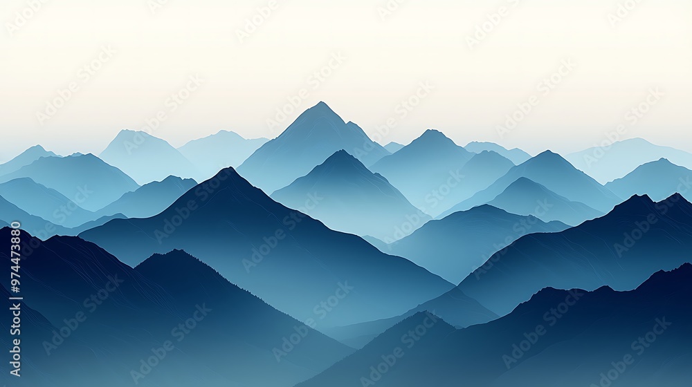 Obraz premium A blue mountain range fades into the mist as the sun sets, creating a tranquil, foggy silhouette.