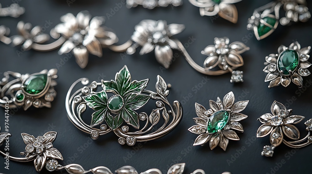 Elegant silver jewelry set with green gemstones and diamonds sparkles, showcasing timeless sophistication. Elegant silver jewelry set with green gemstones and diamonds sparkles, showcasing timeless sophistication.