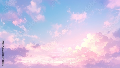 Serene Sky with Fluffy Pastel Clouds and Soft Gradient from Light Blue to Pink, Capturing Tranquility and Peace in a Dreamy Vector Illustration

