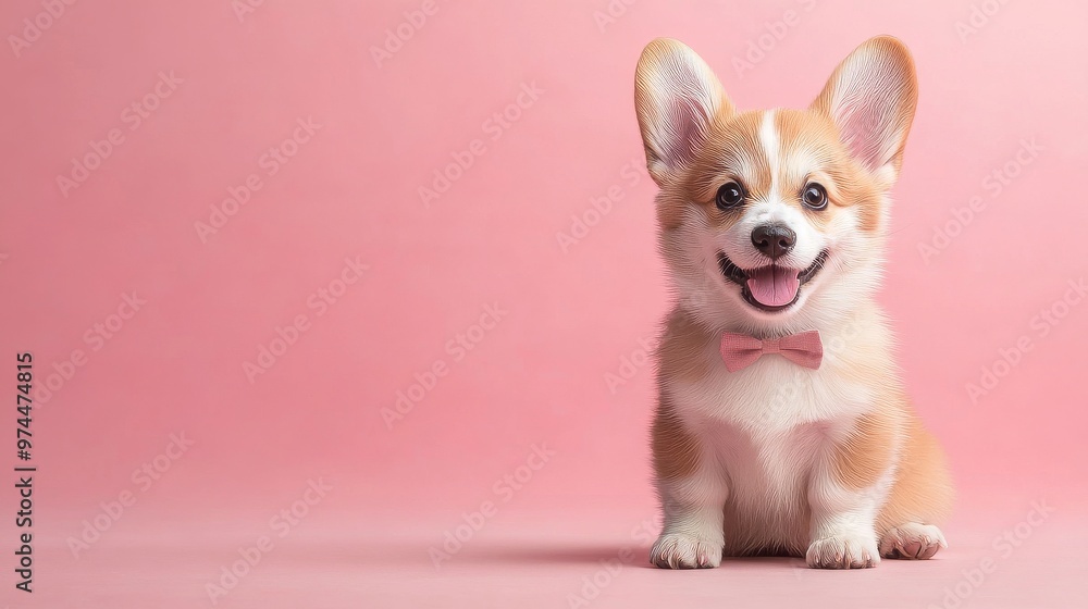 Happy Pembroke Welsh Corgi Puppy Wearing Pink Bow Tie. generative ai illustration. Happy Pembroke Welsh Corgi Puppy Wearing Pink Bow Tie. generative ai illustration.