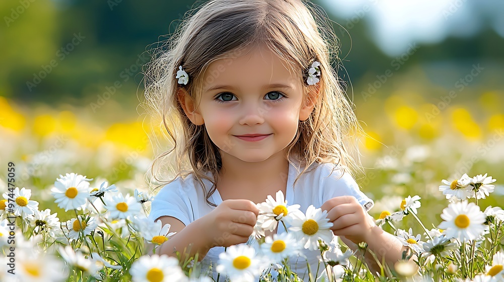 A little girl picks daisies in a field, her hands full of flowers as she enjoys the beauty around her. A little girl picks daisies in a field, her hands full of flowers as she enjoys the beauty around her.