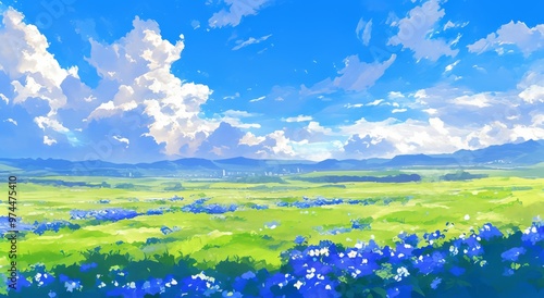 Vast Blue Wildflower Field on Grassland with White Clouds and Distant Mountains