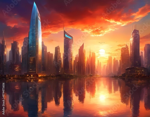Wallpaper Mural A breathtaking sunset casts a warm glow over towering skyscrapers in a vibrant metropolis, creating a stunning contrast with the colorful sky. Energetic atmosphere of city life. Generative AI Torontodigital.ca